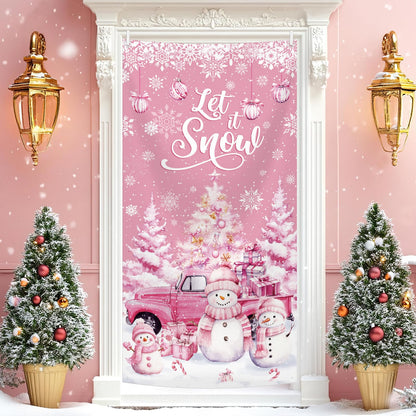 MEHOFOND 35x71inch Let it Snow Christmas Door Cover, Winter Pink Snowman Front Door Decoration, Winter Wonderland Snowman Backdrop Holiday Christmas Birthday Baby Shower Party Decor Photo Booth Props