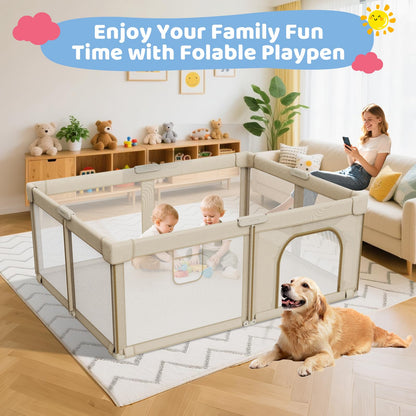 Foldable Baby Playpen: 71” x 59” Super Large Playpen for Babies and Toddlers - Portable Play Pen for Babies with Breathable Mesh & 2 Pulling Handle - Baby Play Yard for Outdoor & Indoor