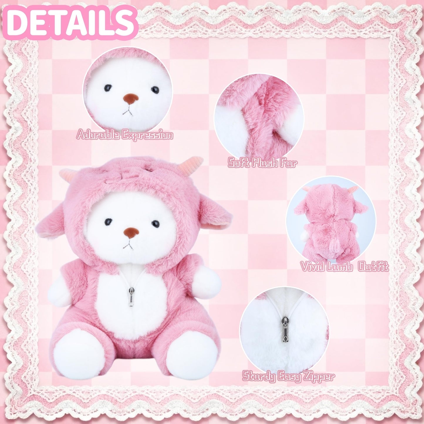 Teddy Bear Plush Figure Toys, Teddy Bears Stuffed Animals with Movable Legs Hoodie, 13'' Kawaii Emotional Support Plush Toys with Pink Lamb Clothes Soft Stuffed Bear Gift for Kids Toddlers Girls