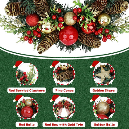 TXRXIZ 16 Inch Pre-Lit Christmas Door Wreath with Timer & Hanger & 50LED Warm Lights, Decor with Bow & Golden Ball & Star ect., Artificial Christmas Wreath for Door & Window & Fireplace