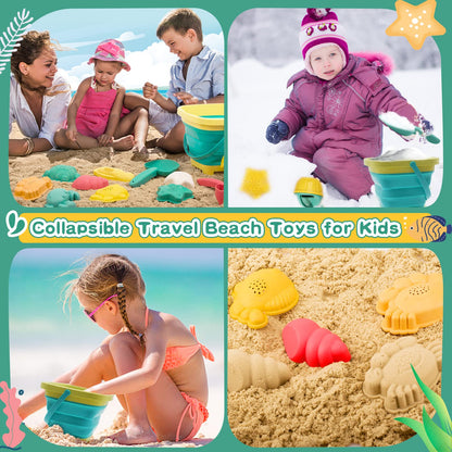 Beach Toys for Kids - Sand Toys Set Includes Collapsible Sand Bucket Shovel and Sand Rake Toy for Beach 12 PCS, Sandbox Toys Sandcastle Building Kit (A)