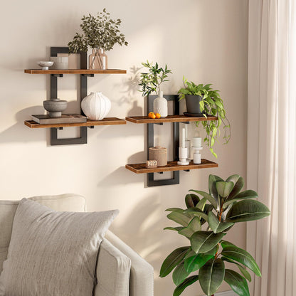HOOBRO Floating Shelves, 15 Inch Wall Shelf Set of 2, Wall Mounted Storage Shelves 2-Tier, Hanging Bathroom Shelves, for Living Room, Bedroom, Bathroom, Kitchen, Rustic Brown and Black BF32BJ01G1