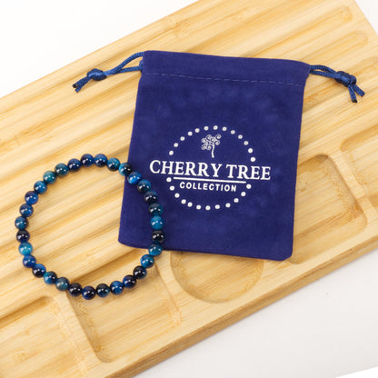 Cherry Tree Collection - Small, Medium, Large Sizes - Gemstone Beaded Bracelets For Women and Men - 6mm Round Beads (Jade Blue Tiger's Eye - Medium)