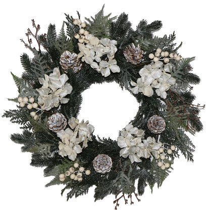 BINFEN 20” Glitter Pine Christmas Winter Wreath with Metallic Silk Hydrangea Pinecone & White Berry – Mixed with Norfolk Cypress Cedar & Spruce, Wreaths for Front Door Porch Mantel & Fireplace Decor