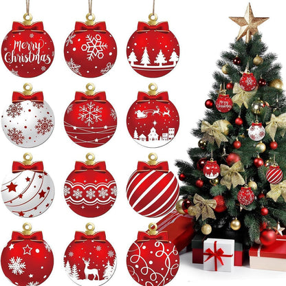 Christmas Tree Decorations Set, 12Pcs Wood Red & White Xmas Ball Hanging Ornaments with Merry Christmas, Bow, Snowflake, Elk and Star Design Winter Ornaments for Home Holiday Party Decor