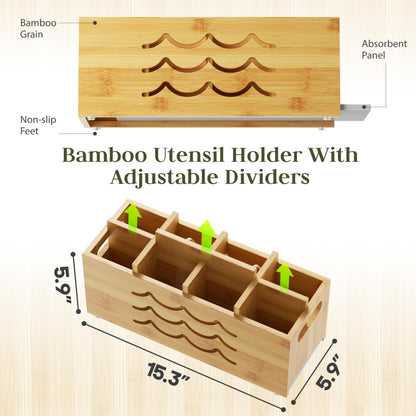 Kcrystenia Large Kitchen Utensil Holder for Countertop, 8 Adjustable Compartments Cooking Utensil Holder Organizer, Bamboo Silverware Caddy with Absorbing Stone Drying Mat for Spatula Spoon