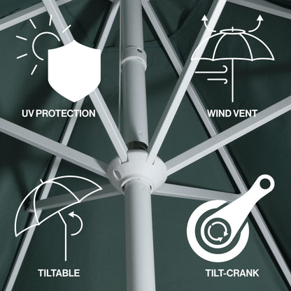 JONATHAN Y UMB1001K Collins 9 ft. Classic Cottage Fringe Tassel Market Patio Umbrella with Auto-Tilt Crank, Wind Vent and UV Protection in Green/Cream, White Pole