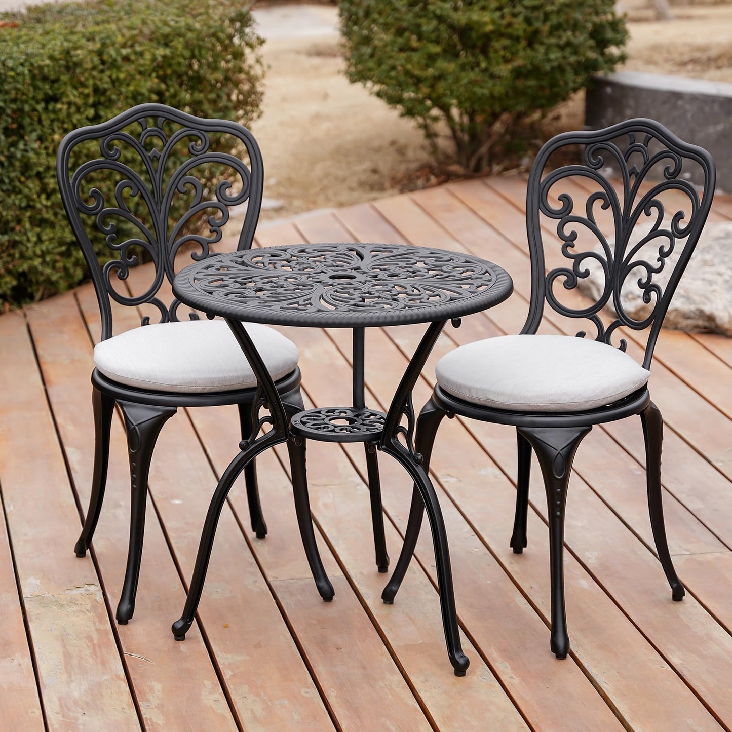 Withniture Patio Bistro Set 3 Piece with Cushions, All Weather Bistro Table and Chairs Set of 2 with Umbrella Hole, Outdoor Bistro Set, Cast Aluminum Patio Furniture Set for Garden Porch, Black