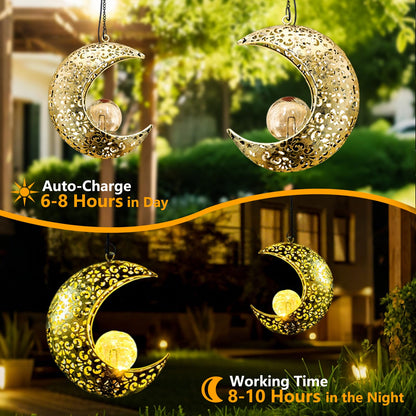 QCF Solar Garden Hanging Moon Lights Outdoor Decor,2 Pack Metal Lanterns Art Decorations for Outside Yard Lawn Patio Wall Fences Driveway Trail,Unique Housewarming Gardening Gifts for Women Mom
