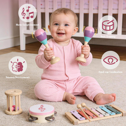 Toyssa Baby Musical Instruments, Montessori Wooden Musical Toys for Toddlers 2-3 with Xylophone Maracas Tambourine and Gift Box Kids Preschool Educational Birthday Gifts for 2 3 4 5 Year Old