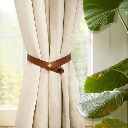 Home Queen PU Leather Curtain Tiebacks, Modern Faux Leather Curtain Straps with Adjustable Buttons, No Drill Holdbacks for Bedroom, Living Room, Hotel, Office, Set of 2,Chocolate