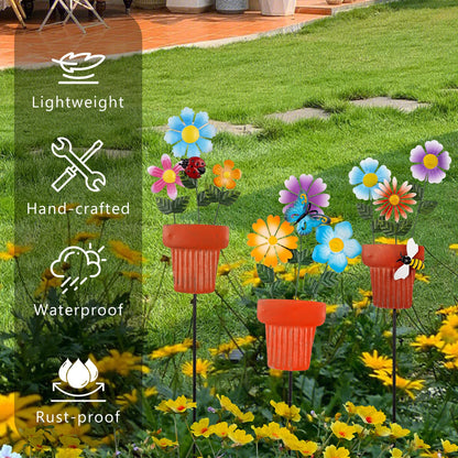 Qipade 3 Pcs Metal Flower Garden Stakes, 24" H Flower Pot Shape Decorative Garden Stakes, Metal Yard Art for Outdoor Spring Lawn Patio Pathway Decor