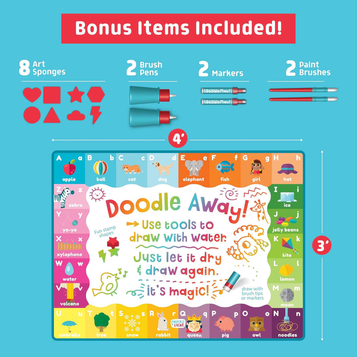 Chuckle & Roar Jumbo Water Doodle Mat – 4ft x 3ft Mess-Free Water Coloring Play Mat for Kids Ages 3+, Reusable Arts & Crafts Set with Brush Pens, Markers & Art Sponges