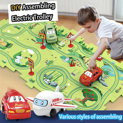 Ubegger Puzzle Racer Kids Car Track Set Educational Puzzle Track Car Play Set Rail Car Puzzle with Battery-Operated Toy Vehicle & Puzzle Board for Kids Ages 3+ (5PCS, 4 Style)