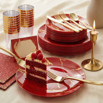 N9R 225PCS Red Gold Plastic Dinnerware Set - Disposable for Mother’s Day, Includes 25 Dinner Plates, 25 Dessert Plates, 25 Forks, 25 Spoons, 25 Knives, 25 Gold Cups, 25 Napkins & Table Cards