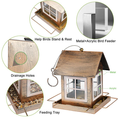 IWNTWY Bird Feeders, Heavy Duty Metal Bird Feeder for Outdoors Hanging, Weatherproof Large Capacity Wild Birdfeeder for Outside Garden Yard, Country House Shape