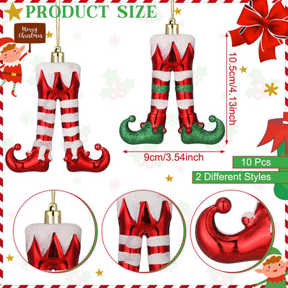 Soulchen 10 Pcs Christmas Elf Legs Ornaments Xmas Red Green White Feet Tree Topper Plastic Elf Feet Hanging Decorations with Gold Rope for Holiday Party Crafts Home Decor