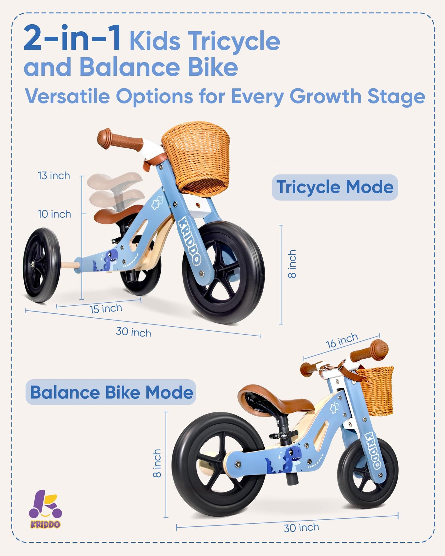 KRIDDO 2 in 1 Wooden Kids Tricycle and Balance Bike with Pattern for 1-4 Years Old, No-Pedal Tricycle and Toddler Balance Bike with Basket and Adjustable Seat, Ideal for Outdoor and Indoor, Blue
