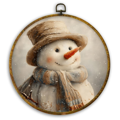 CUANFDDSF Rustic Christmas Snowman Round Wall Art, Christmas Winter Snowman Framed Hanging Wall Decor, Farmhouse Cozy Xmas Winter Canvas Prints Decorations for Home Bedroom Living Room, 10x10 Inch