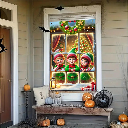 BlissYard Christmas Window Cover 31x47 Inch Elf Window Poster Decoration for Holiday Kids Room Indoor Xmas Wall Scene Winter Window Backdrop Display