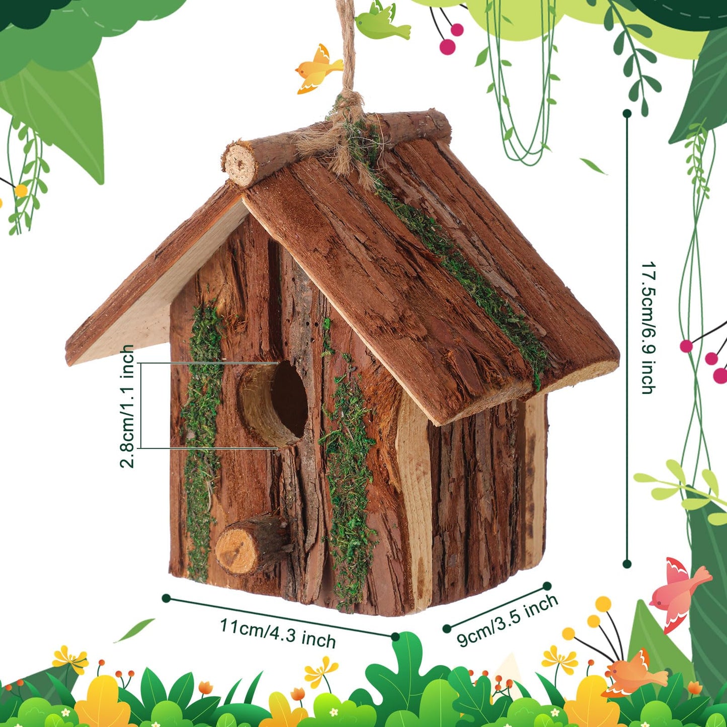 DoubleFill 1 Pcs Birdhouses for Outside Wooden Bird House with Moss Accent Hanging Design Birdhouse Natural Bark Finish Warm and Waterproof Rustic Bluebird House Cardinal Wren Hummingbird Garden