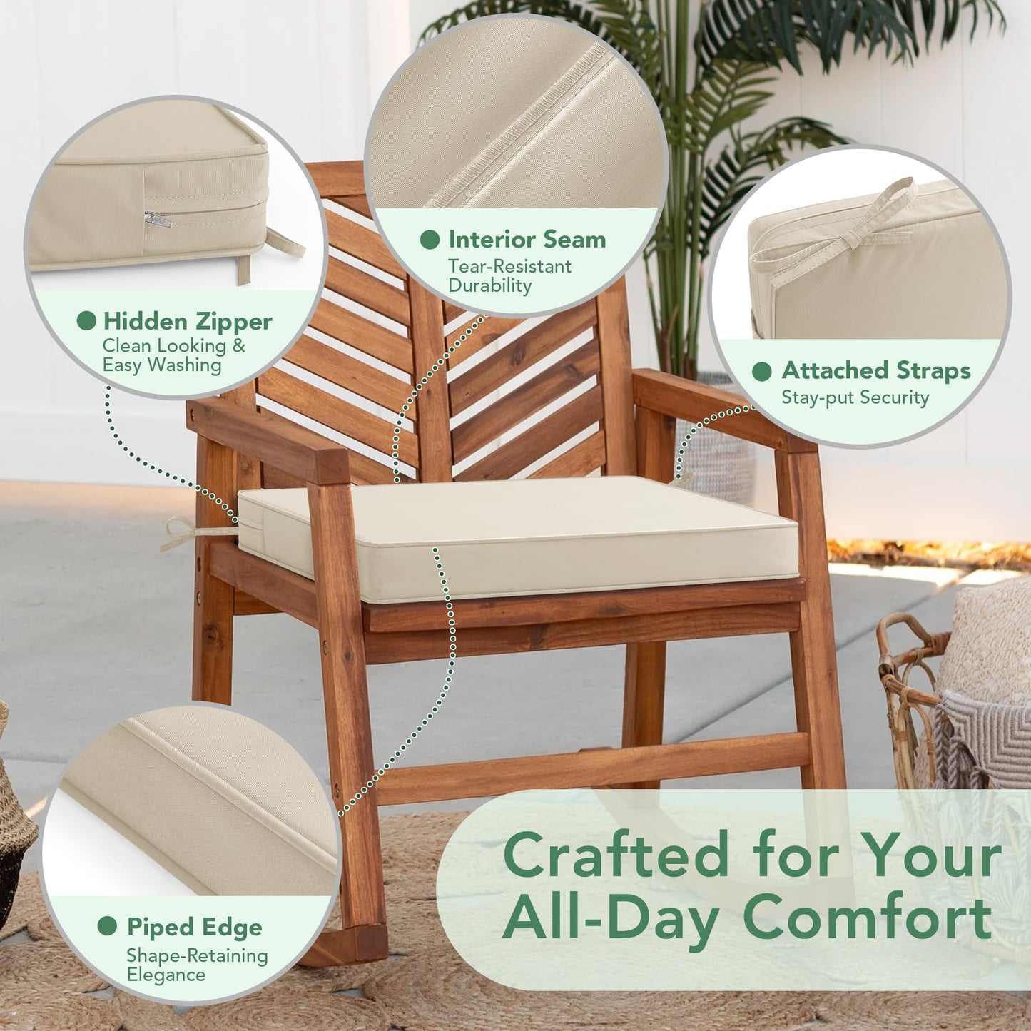 Outdoor Chair Cushions Set of 6: Waterproof & Fade Resistant Seat Cushion for Patio Furniture - 18.5 x 16 x 2 Inch Chair Pads with Ties and Hidden Zipper - Patio Chair Cushion Replacement, Beige