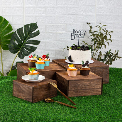 VDEHOM Vintage Brown Square Wooden Cake Stands For Display,Set Of 4 Wood Cupcake Stands Risers, 12 Inches Rustic Wood Crates For Wedding Cake Display, (Vintage Brown)