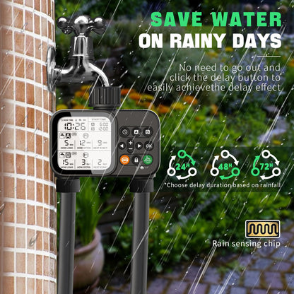 Sprinkler Timer for Garden Hose, 2 Zone Water Timer with with Auto Rain Delay, IP54 Waterproof 3.3“ Large LCD Drip Irrigation System Timers for Plant, Yard, Lawns, Outdoor