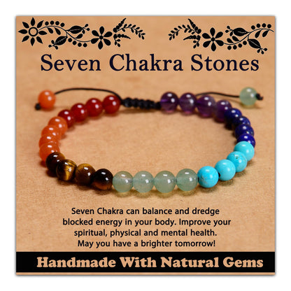 CHCCOYE 6mm Handmade Adjustable Natural Gemstone Crystal Bracelet Healing Power Energy Inspirational Gifts with Card for Unisex (Seven Chakra Stones)