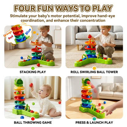 KNMDU Frog Ball Drop Toy for Kids, 5 Layer Roll Swirling Ball Tower with 12 Balls, Spin and Learn Shoot Balls Drop Montessori Toy, Gifts for Toddler Boys Girls 2 3 4 5 6 7 8+ Years Old (2 Player)