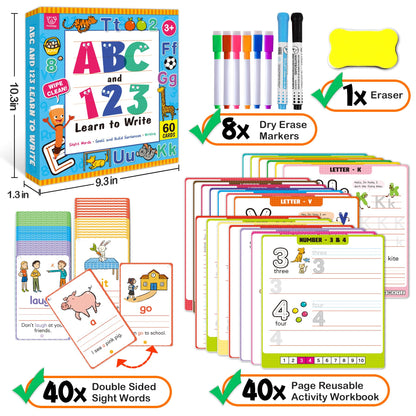 Hulupiggy Preschool Learning Activities - Reusable Letter & Number Tracing Book for Kids 3,4,5,6 Years Old -Builds Handwriting & Sight Words, PreK Kindergarten Workbook, Learning Toy Gift for Toddlers