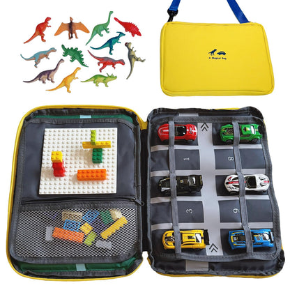 Portable kids toys storage bag with alloy toy cars, simulated dinosaurs, building blocks, base plates and a city road map. Educational travel toy set, suitable as a birthday gift for children aged 3-6