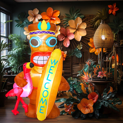 Shappy 5 ft Inflatable Tiki Flamingo Surfboard Luau Hawaiian Party Decorations Summer Inflatables Outdoor LED Lighted Tiki Blow up Beach Tropical Pool Surfing Yard Party Supplies Favors(Flamingo)