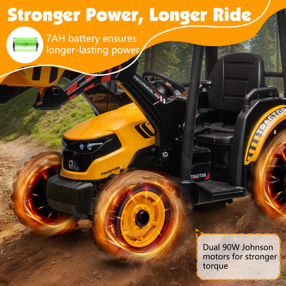 Albott 24V Ride on Tractor for Kids with Trailer & Front Loader, 3-in-1 Electric Construction Vehicle, Dual Motors, All-Terrain Wheels, LED Lights, Outdoor Gift for Boys Girls Ages 3-8 (Yellow)