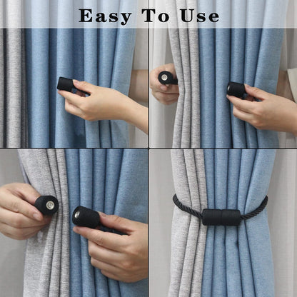 Porlau 2 Pack Black Strong Magnetic Curtain Tiebacks Outdoor Elegant Decorative Tie Backs Modern Rope Tiebacks for Drapes Window Curtain Holdbacks for Draperies