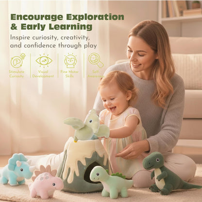 PIIKAGO Baby Toys 6-12 Months – My Little Volcano with 5 Stuffed Dinosaurs, Montessori Toy with Rattle, Crinkle, Squeaker, Sensory Toys for Toddlers 1-3, Early Development Christmas Birthday Gift