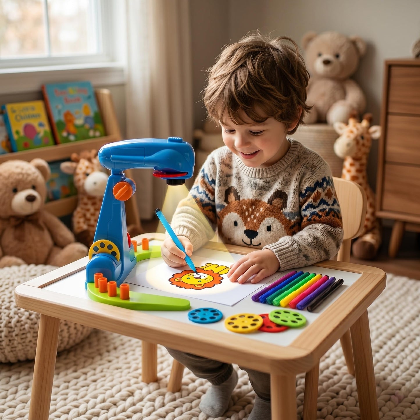 Drawing Projector Sketcher, Preschool Art Tracing Kit for Kids – Play-Based Learning Toy for Boys and Girls Ages 3+ with 4 Sturdy Discs, 32 Animal and Fruit Images, 12 Color Pen & 1 Pad of Paper