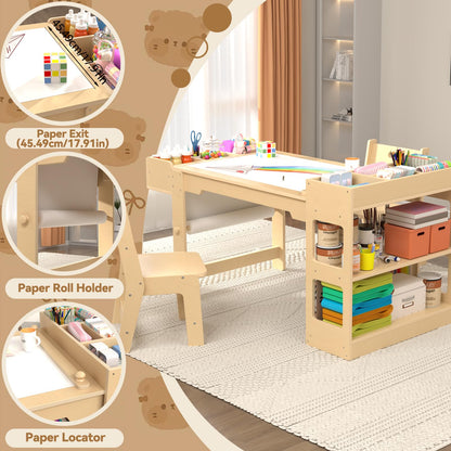Kids Art Table and Chair Set, Kids Craft Table with Storage, Toddler Activity Play Desk with 2 Chairs, Wood Art Craft Play Desk with Paper Roller for Writing, Drawing, Learning and Reading