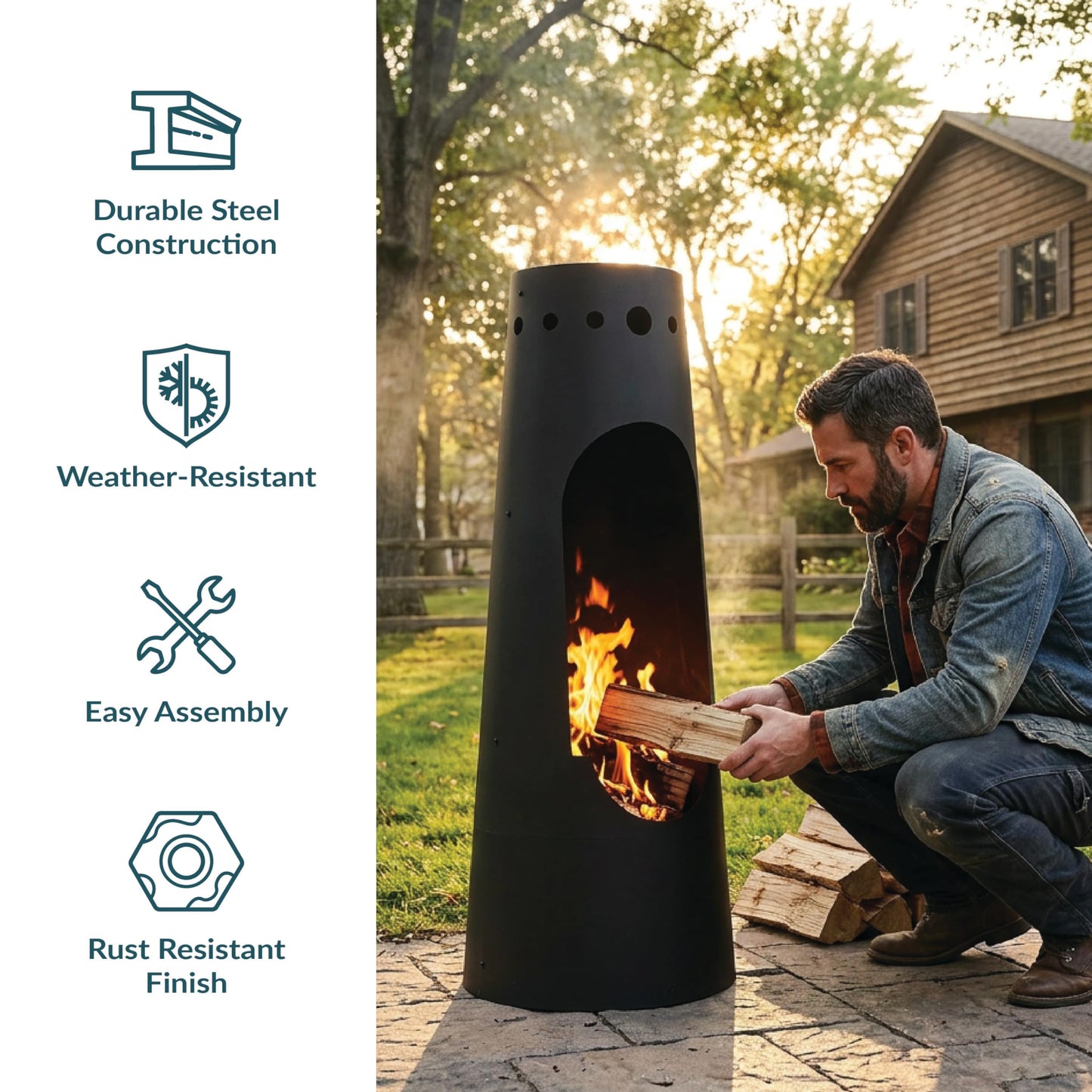 Sunnydaze Santa Fe 50-Inch Chiminea Outdoor Fire Pit - Wood-Burning Chiminea Outdoor Fireplace with Wood Grate - Black