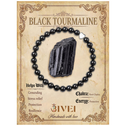 Bivei 6mm Black Tourmaline Crystal Stretch Bracelets for Women, Handmade Natural Stone Beaded Bracelet, Yoga Protection Jewelry Gift
