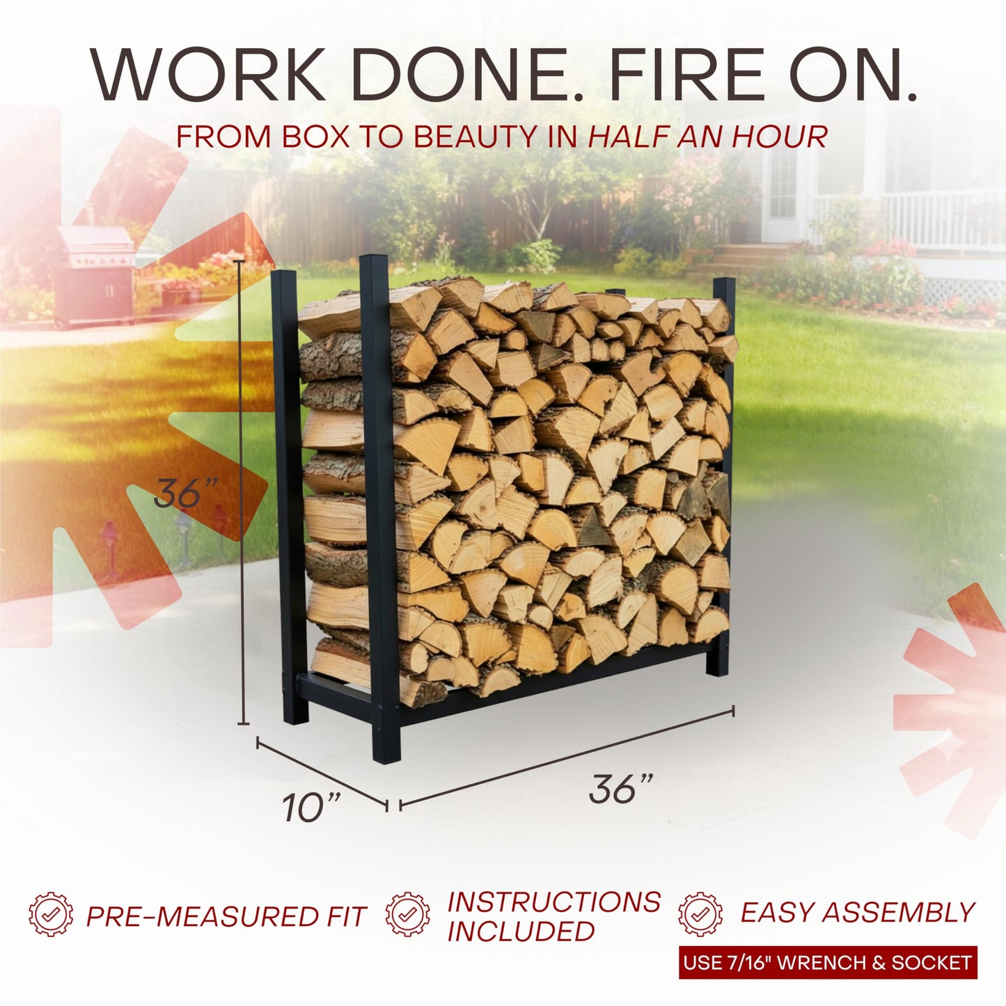 Woodhaven 3-Foot Firewood Rack – Made in USA – 1/8 Cord Raised Lumber Storage Rack – Keeps Wood Dry & Ready – Heavy-Duty Steel, Lifetime Structural Warranty (Without Cover)