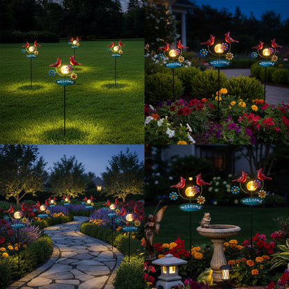 Newinhome Solar Garden Stakes Metal Welcome Signs for Outside 29.5', 2 Flying Cardinals with Cracked Glass Ball,Decorative Garden Stakes for Lawn, Patio, Cardinal Gifts for Women