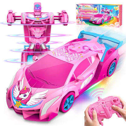 Unicorn Transform RC Cars for Girls Toys with Rainbow Eyes & Underbody Lights, Fast 360°Rotation&2.4GHz Robot Remote Control Car One-Button Deformation,Kids Toys Birthday Gifts for 3-12 Year Old Girls