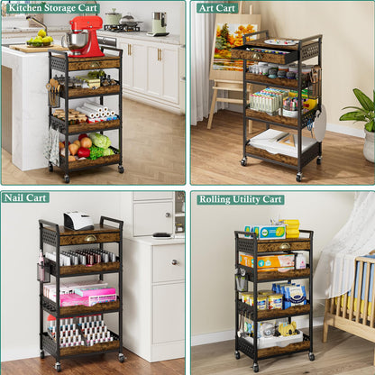 XYZLVSI 4 Tier Rolling Utility Cart Organizer with Removable Drawer, Small Coffee Stand Station with Wheels, Metal Craft Storage Cart for Living Room, Entryway, Bathroom, Office, Makeup