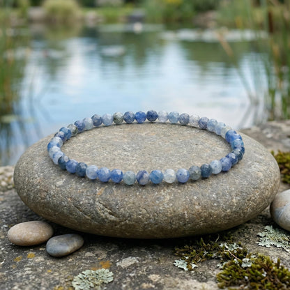 Angelstones Natural Blue Aventurine Gemstone Small Beaded Stretch Bracelet, 4mm Faceted Round Beads, Crystal Healing Bracelet for Women