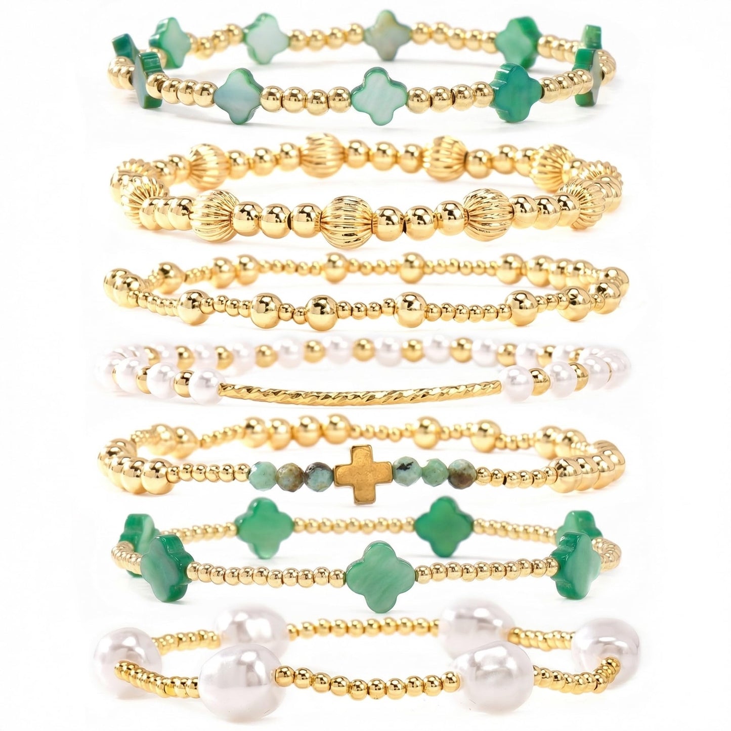 SHINUS BOHO St Patricks Day Bracelets for Women,Gold Bracelet Stack,Bohemian Green Clover Elastic Pearl Stackable Stretch Bracelet Set Fashion Festival Theme Party Saint Patricks Day Accessories Outfits Jewelry Gifts