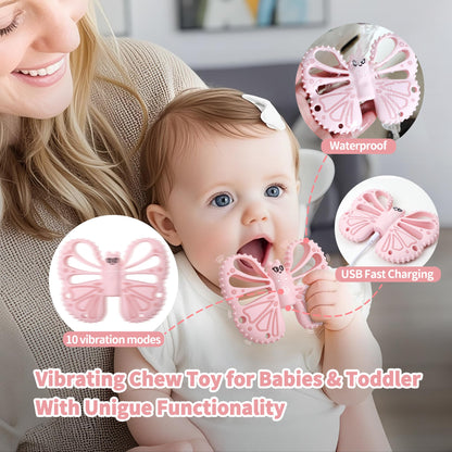 Vibrating Teether for Baby - Chewy Sensory Toy for Teething & Autism, 10-Speed Vibration Modes, USB Rechargeable, Food Grade Silicone Teether for Sensory Seekers(Pink)