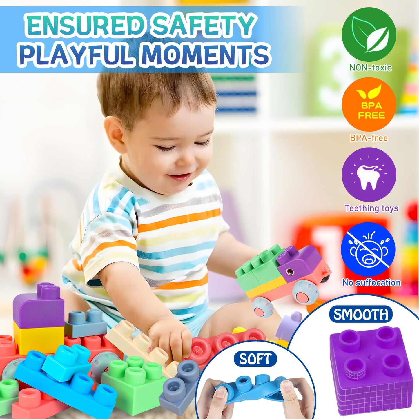 ROHSCE Baby Soft Blocks Building Block Toys 46Pcs,STEM Educational Toddler Gifts,Soft Spiky Sensory Balls - No Hole Wheat Straw Soft Toys for Toddlers