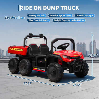 24V Electric Ride-on Dump Truck for Kids, 4WD Ride-On Car for Kids, 2-Seater UTV with Remote Control, Off-Road Electric Vehicle for Boys & Girls Outdoor Play
