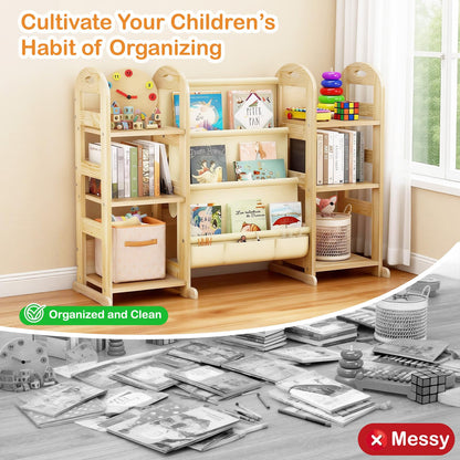 TWINDLE Kids Bookshelf and Toy Storage Organizer, Large 3 Tier Wooden Kids Book Shelf with Sling Book Rack for Kids Room, Nursery, Playroom